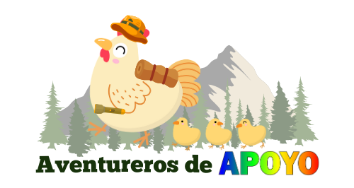 Logo for "Aventureros de APOYO." Features a smiling cartoon chicken wearing an orange safari hat and carrying a rolled blanket/sleeping bag. It is leading three smaller chicks. The background is a forest of green pine trees and gray mountains. The word "APOYO" is colored in a rainbow gradient.