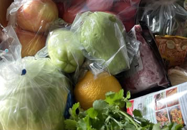 Head of cabbage or lettuce in a clear plastic bag and anorange fruit that could be an orange or a grapefruit. There is also a bundle of fresh cilantro. Many of the items are in plastic bags.