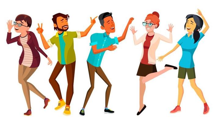 Cartoon illustration of five diverse, smiling people dancing.