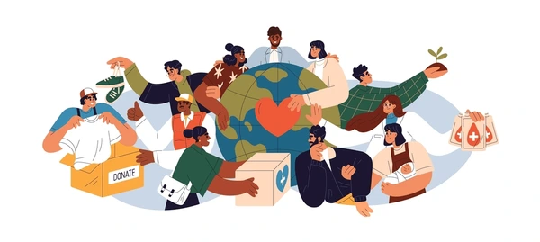 Illustration of diverse volunteers and community helpers surrounding the Earth, engaged in charity work and donations.