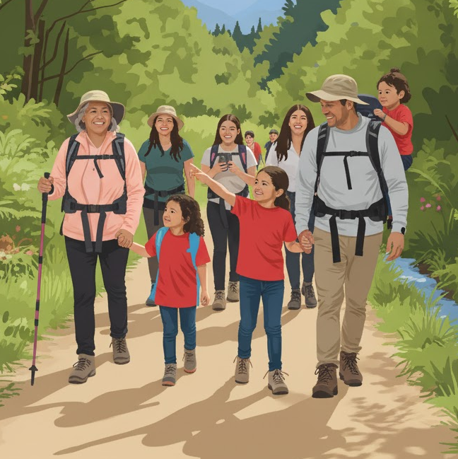 Illustration of a diverse family group, including an older woman with a hiking stick and a man carrying a child, walking together happily down a dirt path through a sunny green forest.