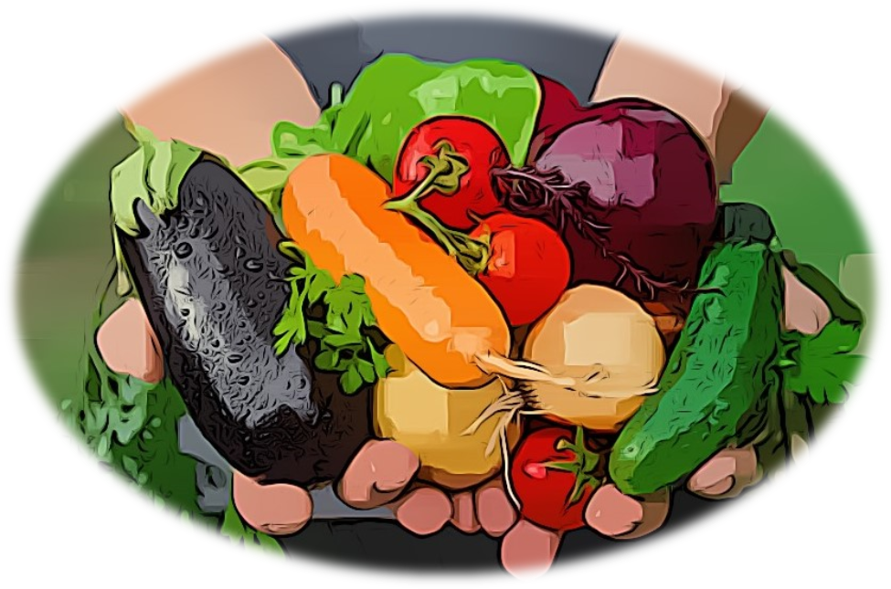 An illustration of two hands holding a variety of produce.