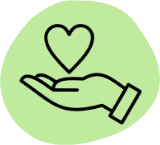 A line drawing of a hand holding a heart on a light green background.