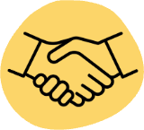 A line drawing of two hands shaking on a yellow background.